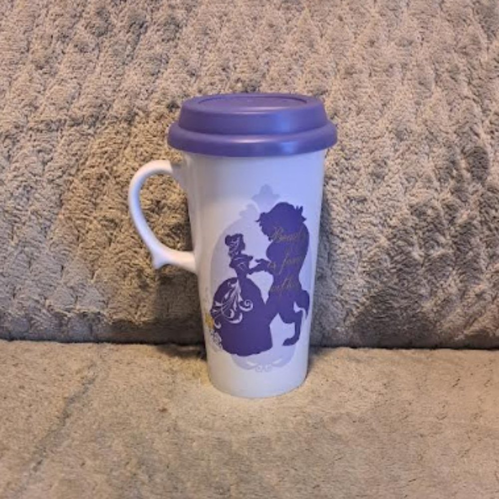 NEVER USED / RARE Disney Store Beauty and the Beast Decorated Tall Mug with Lid